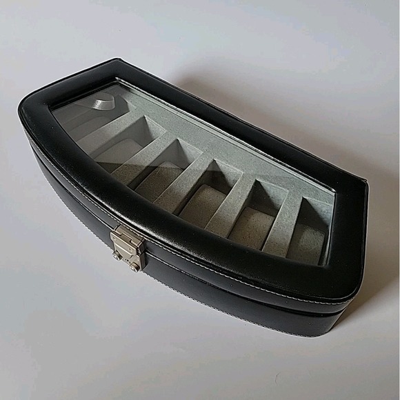 Bey Berk Black Leather 6 Slot Bracelet Watch Storage Box Case Glass Top Locking
